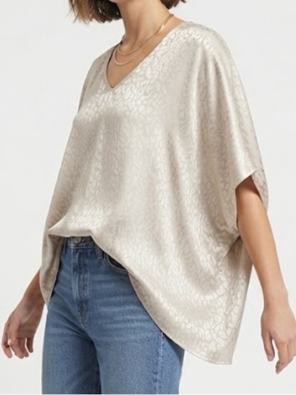 Cotton Bleu Women’s Oversized Print Satin V‑Neck Dolman Blouse Tan Gold 1X